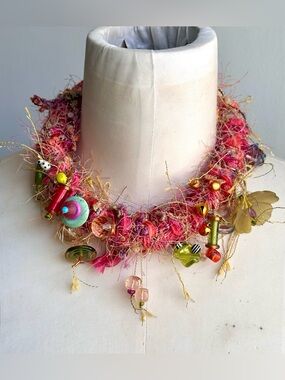 Unique Mixed Media Fringe Collar Necklace - Warm Colors Glass Art Beads Pink